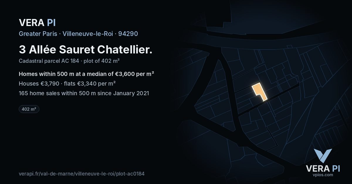 3 Allée Sauret Chatellier, Villeneuve-le-Roi at night – the plot lit, the parcels around coloured by the prices near them