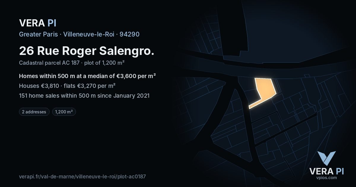 26 Rue Roger Salengro, Villeneuve-le-Roi at night – the plot lit, the parcels around coloured by the prices near them