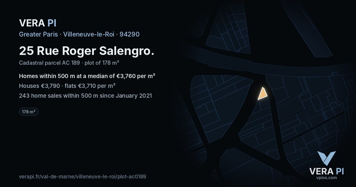 25 Rue Roger Salengro, Villeneuve-le-Roi at night – the plot lit, the parcels around coloured by the prices near them