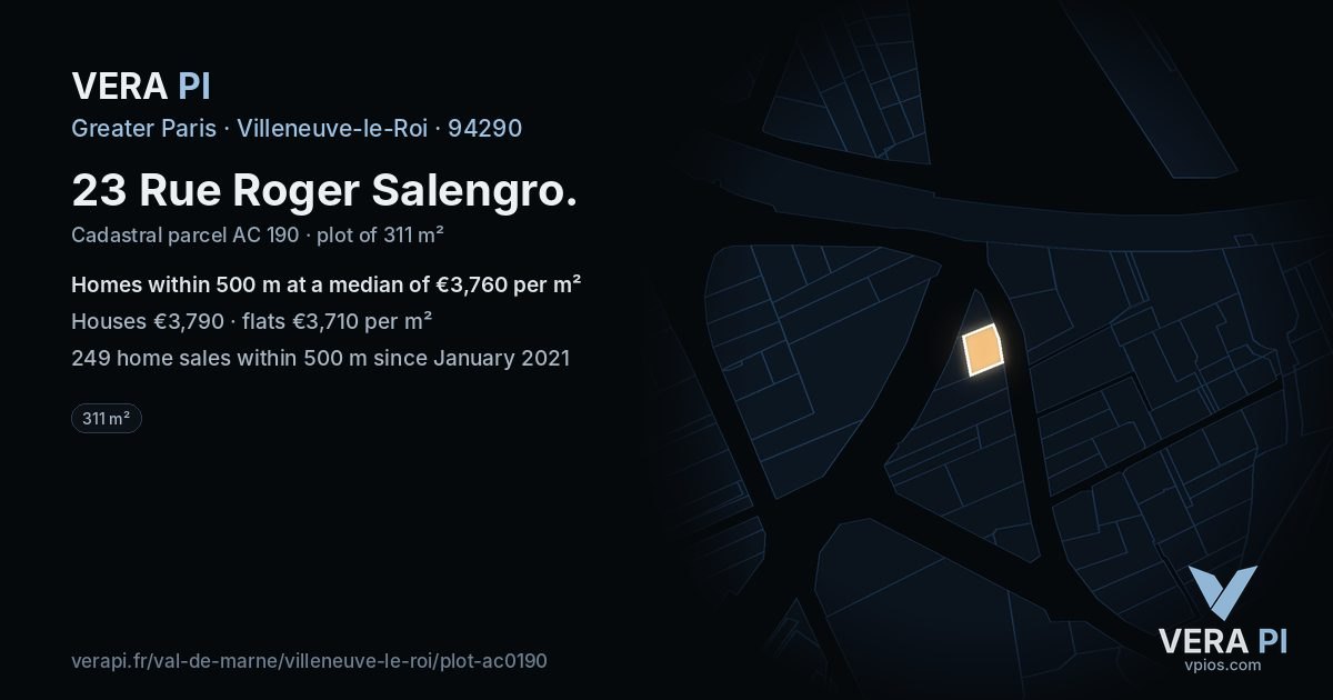 23 Rue Roger Salengro, Villeneuve-le-Roi at night – the plot lit, the parcels around coloured by the prices near them