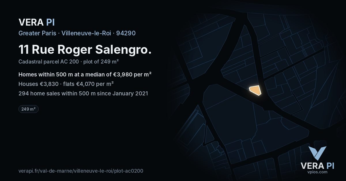 11 Rue Roger Salengro, Villeneuve-le-Roi at night – the plot lit, the parcels around coloured by the prices near them
