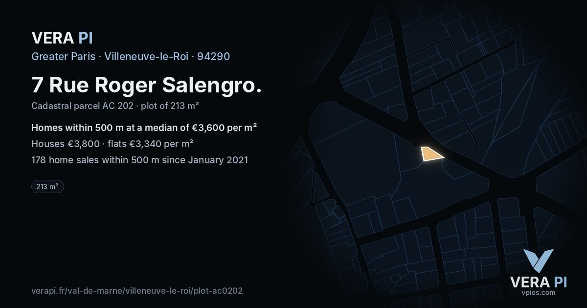 7 Rue Roger Salengro, Villeneuve-le-Roi at night – the plot lit, the parcels around coloured by the prices near them