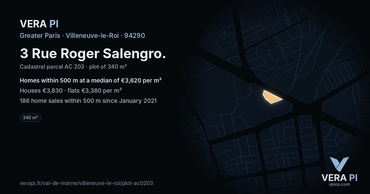 3 Rue Roger Salengro, Villeneuve-le-Roi at night – the plot lit, the parcels around coloured by the prices near them