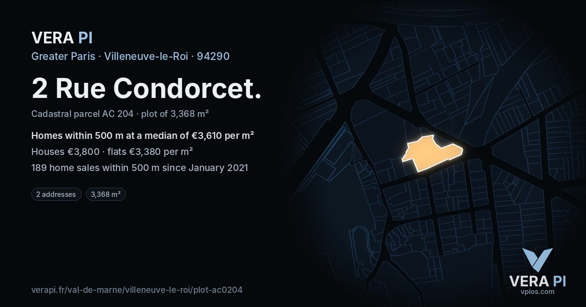 2 Rue Condorcet, Villeneuve-le-Roi at night – the plot lit, the parcels around coloured by the prices near them