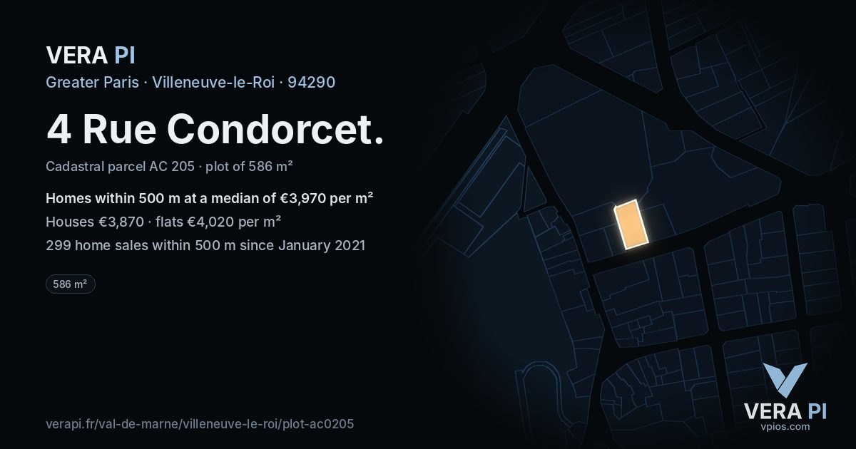 4 Rue Condorcet, Villeneuve-le-Roi at night – the plot lit, the parcels around coloured by the prices near them