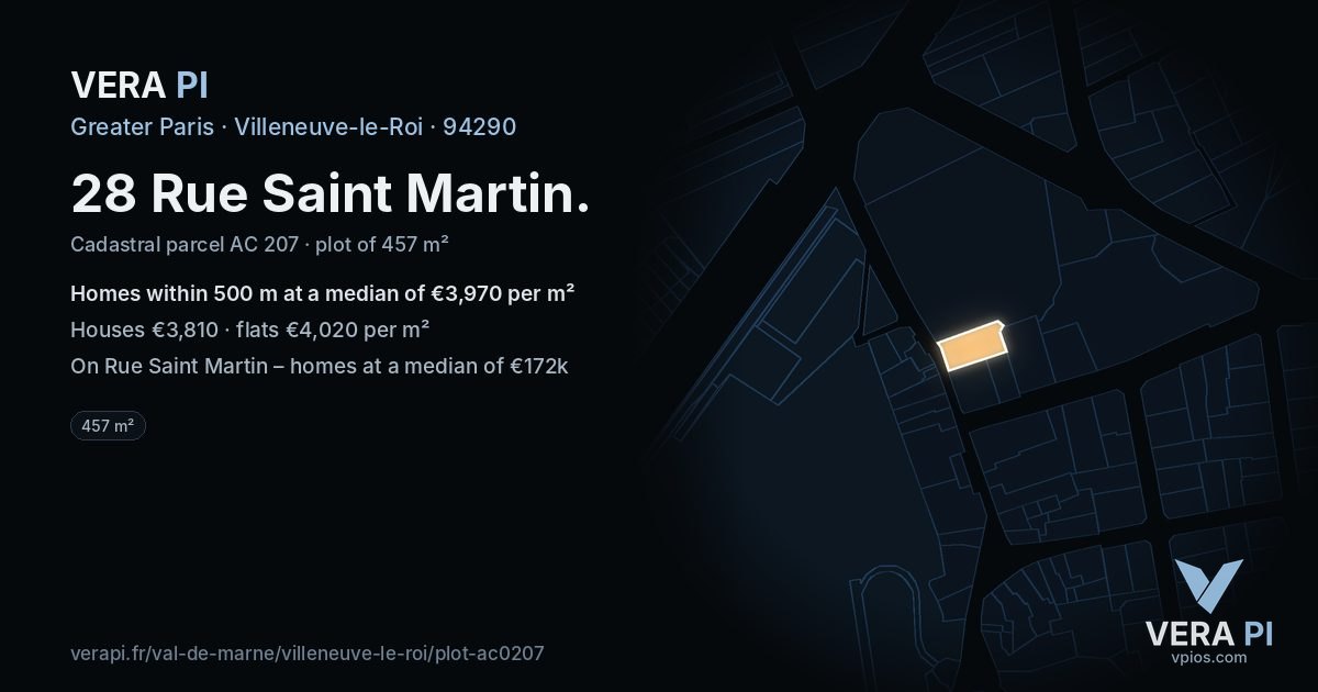 28 Rue Saint Martin, Villeneuve-le-Roi at night – the plot lit, the parcels around coloured by the prices near them