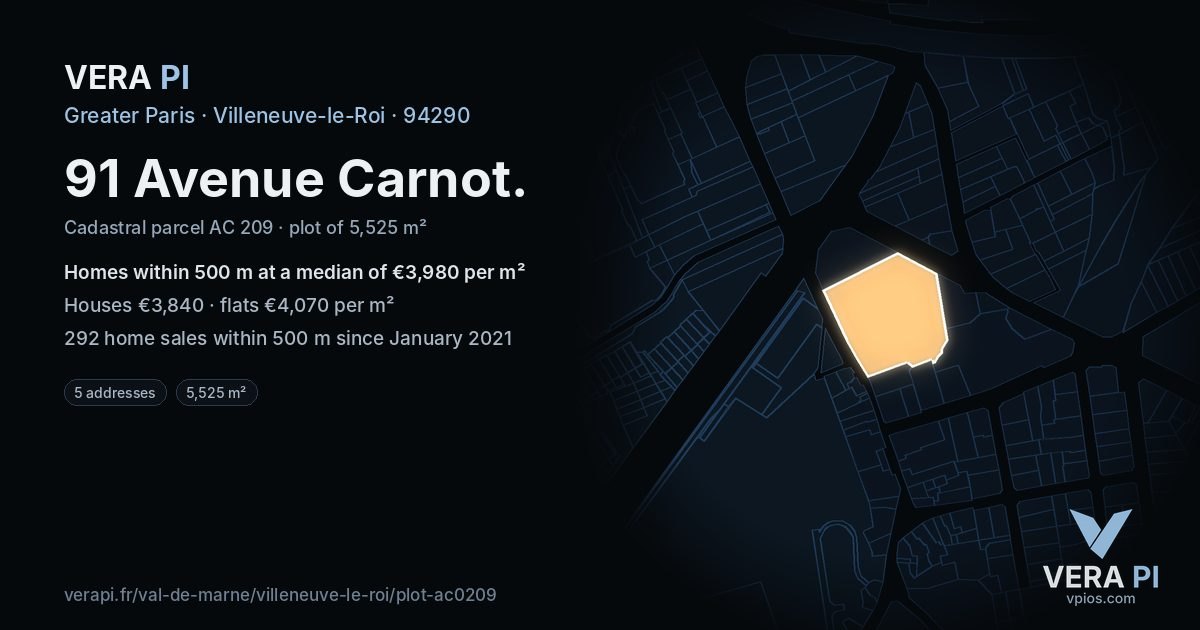91 Avenue Carnot, Villeneuve-le-Roi at night – the plot lit, the parcels around coloured by the prices near them