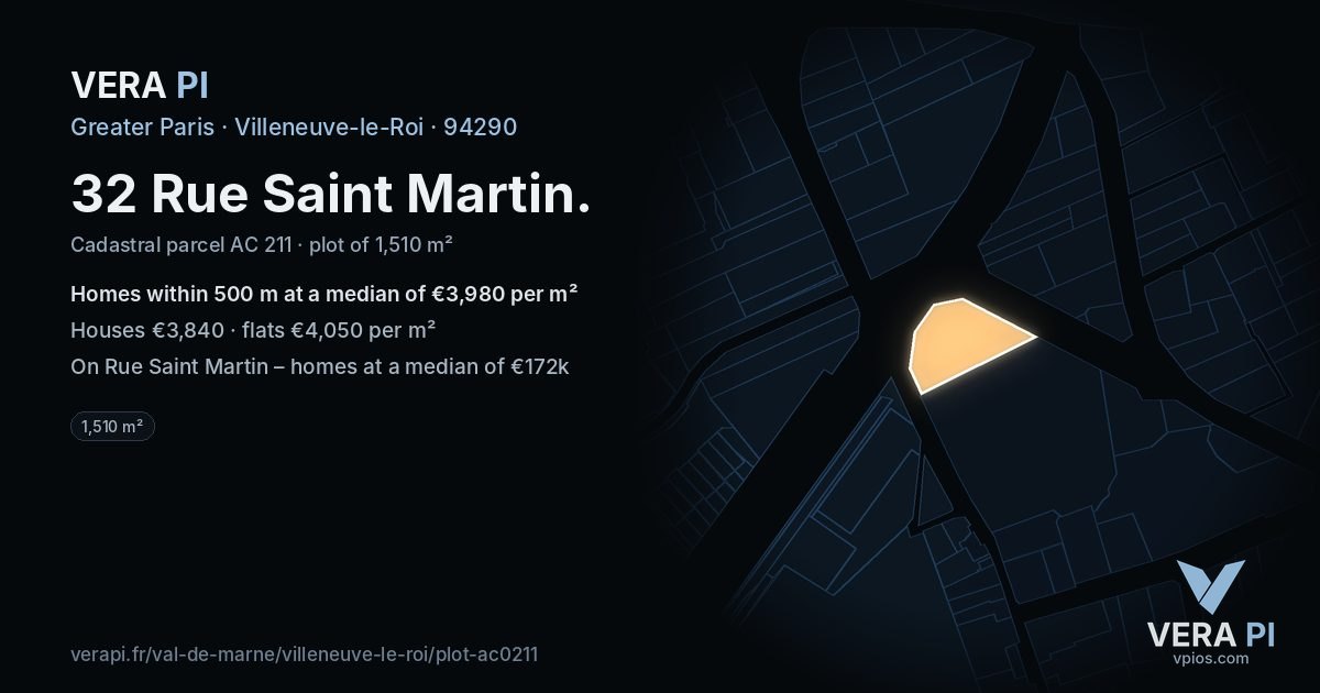32 Rue Saint Martin, Villeneuve-le-Roi at night – the plot lit, the parcels around coloured by the prices near them