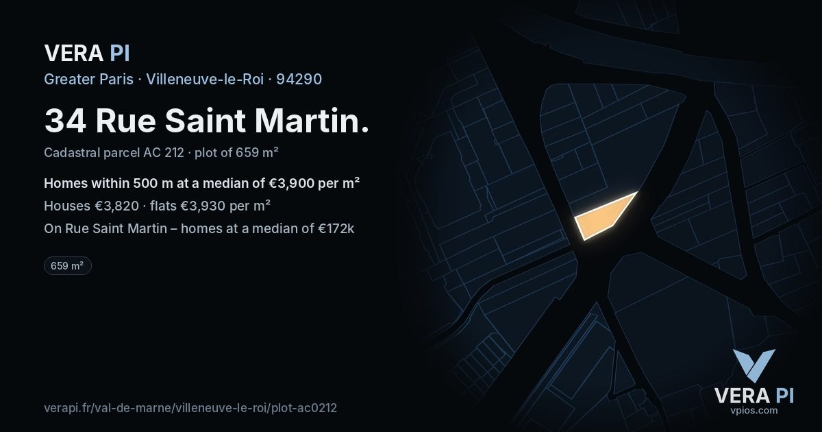 34 Rue Saint Martin, Villeneuve-le-Roi at night – the plot lit, the parcels around coloured by the prices near them