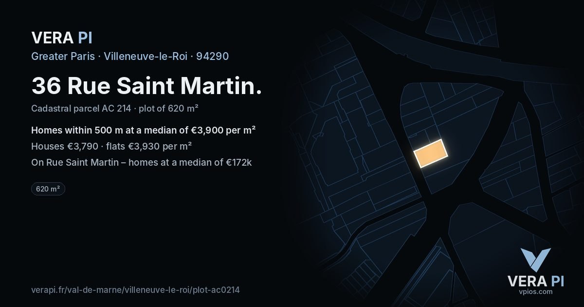 36 Rue Saint Martin, Villeneuve-le-Roi at night – the plot lit, the parcels around coloured by the prices near them