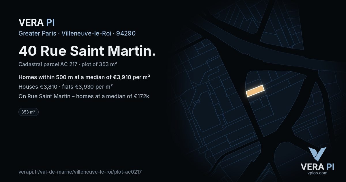 40 Rue Saint Martin, Villeneuve-le-Roi at night – the plot lit, the parcels around coloured by the prices near them