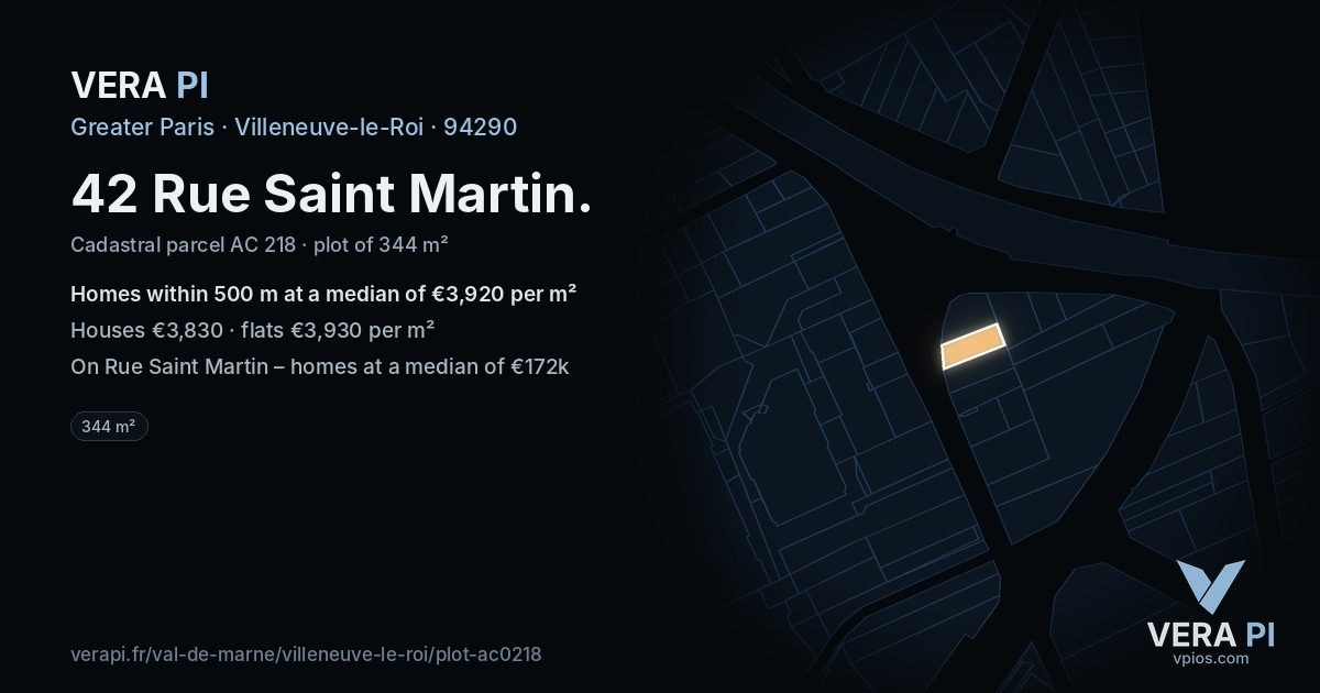 42 Rue Saint Martin, Villeneuve-le-Roi at night – the plot lit, the parcels around coloured by the prices near them