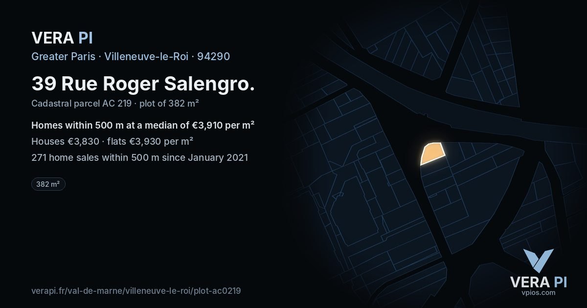 39 Rue Roger Salengro, Villeneuve-le-Roi at night – the plot lit, the parcels around coloured by the prices near them