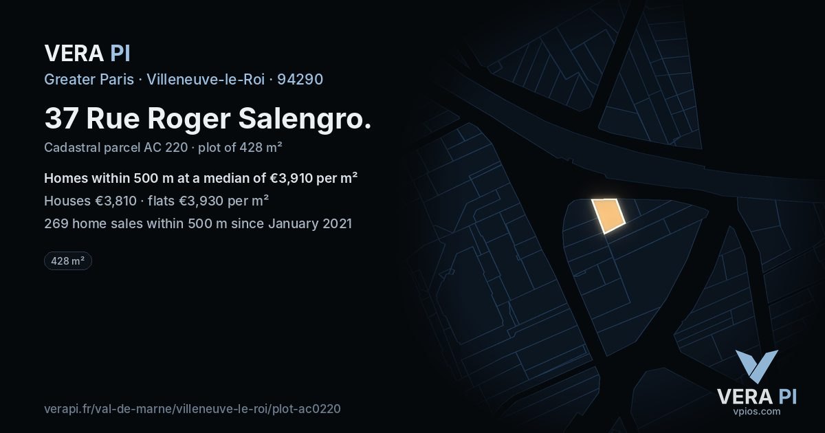 37 Rue Roger Salengro, Villeneuve-le-Roi at night – the plot lit, the parcels around coloured by the prices near them