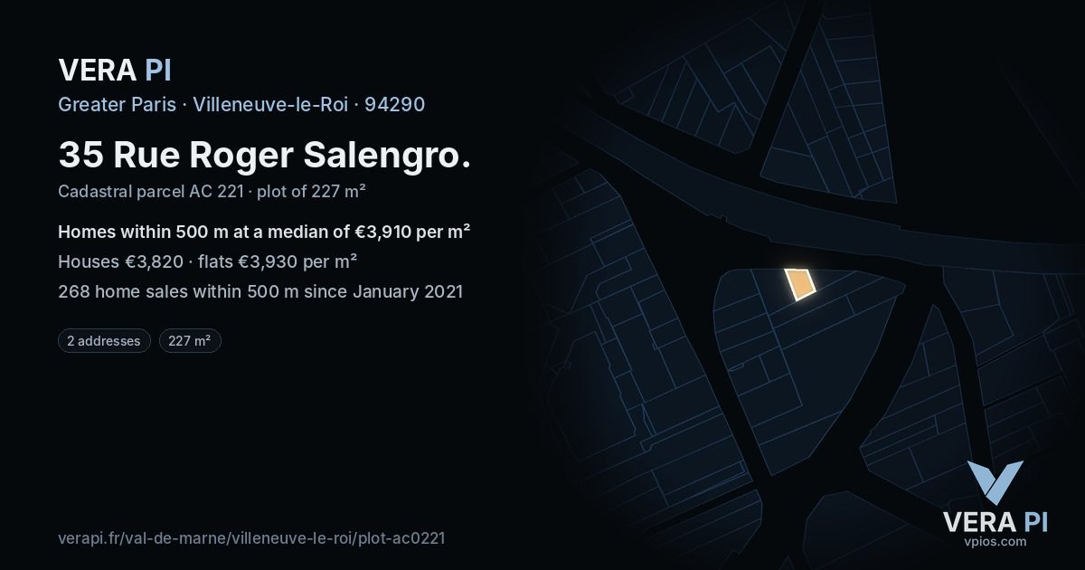 35 Rue Roger Salengro, Villeneuve-le-Roi at night – the plot lit, the parcels around coloured by the prices near them