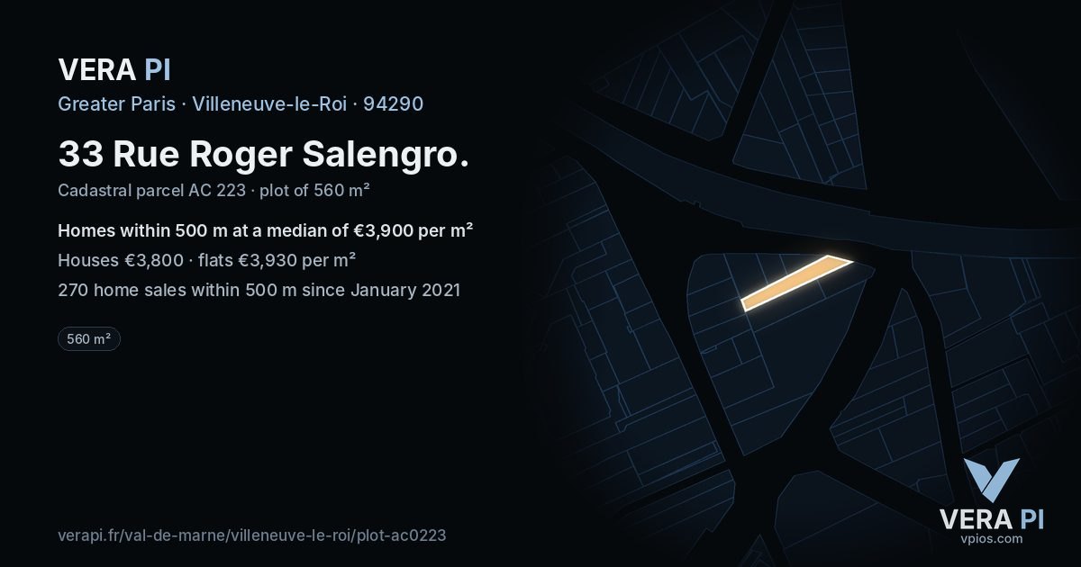 33 Rue Roger Salengro, Villeneuve-le-Roi at night – the plot lit, the parcels around coloured by the prices near them