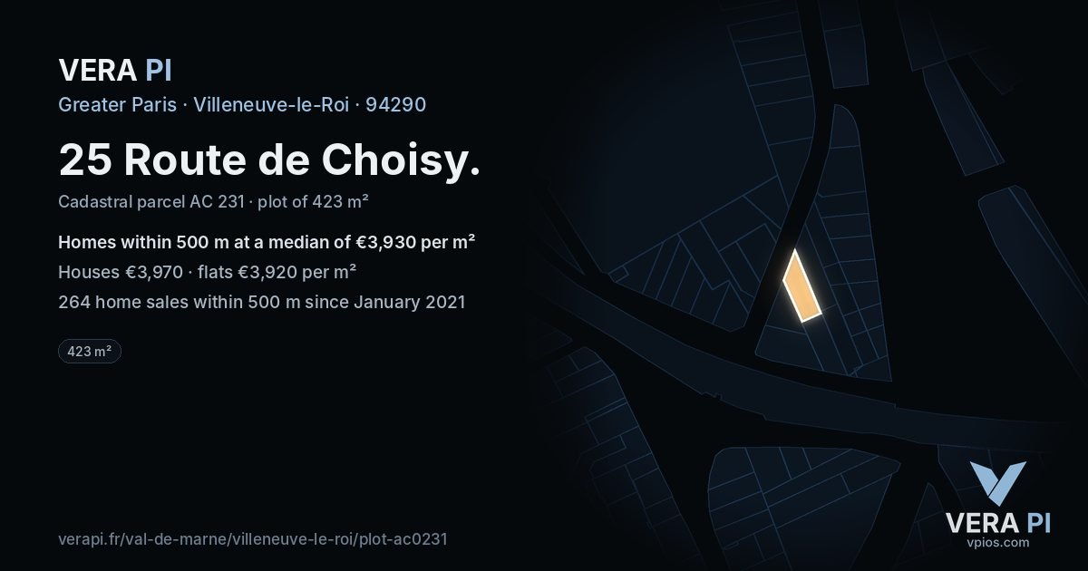 25 Route de Choisy, Villeneuve-le-Roi at night – the plot lit, the parcels around coloured by the prices near them