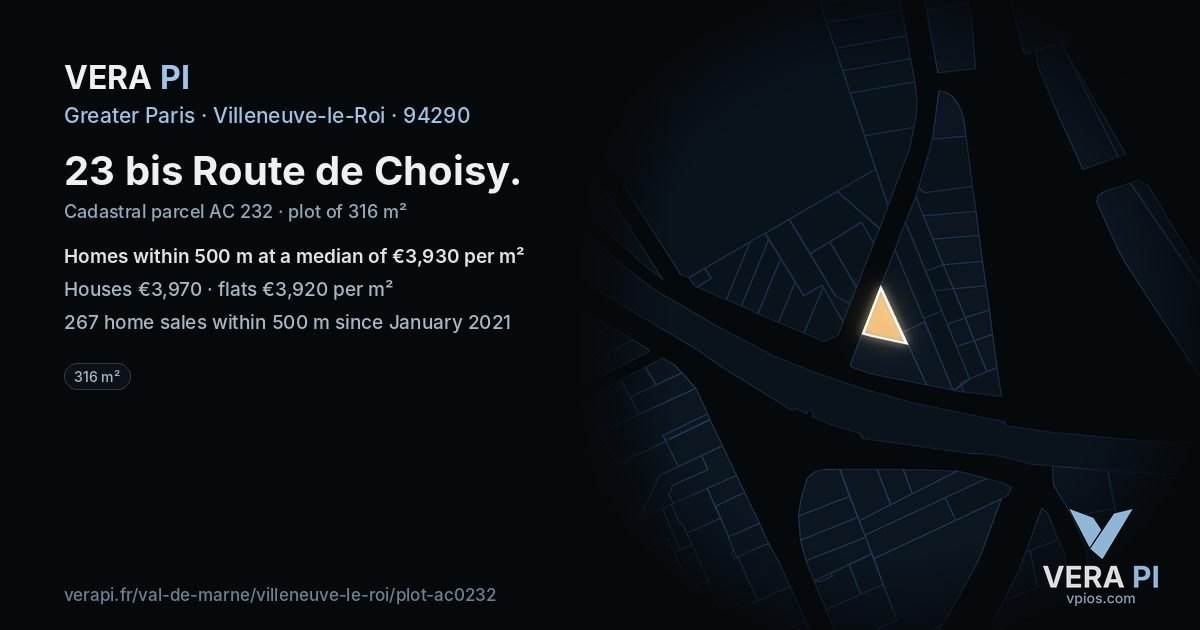 23 bis Route de Choisy, Villeneuve-le-Roi at night – the plot lit, the parcels around coloured by the prices near them