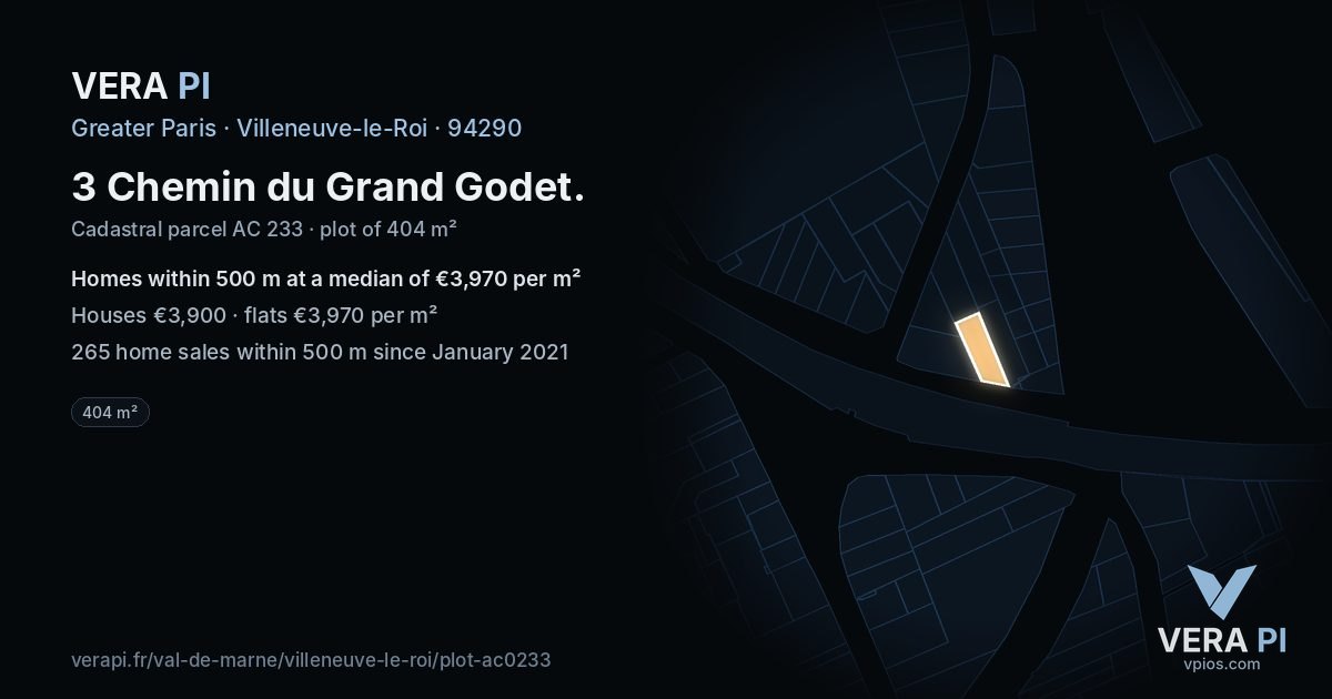 3 Chemin du Grand Godet, Villeneuve-le-Roi at night – the plot lit, the parcels around coloured by the prices near them