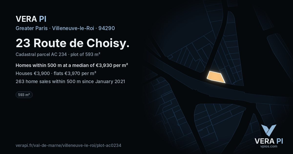 23 Route de Choisy, Villeneuve-le-Roi at night – the plot lit, the parcels around coloured by the prices near them