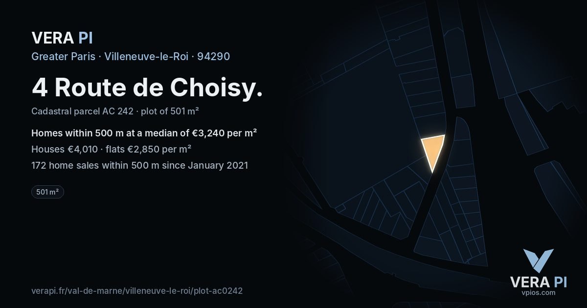 4 Route de Choisy, Villeneuve-le-Roi at night – the plot lit, the parcels around coloured by the prices near them