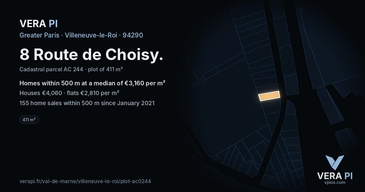 8 Route de Choisy, Villeneuve-le-Roi at night – the plot lit, the parcels around coloured by the prices near them