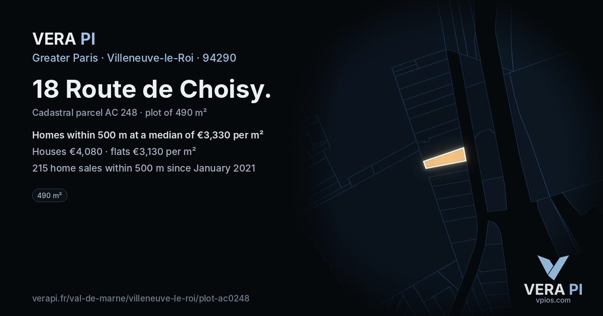 18 Route de Choisy, Villeneuve-le-Roi at night – the plot lit, the parcels around coloured by the prices near them