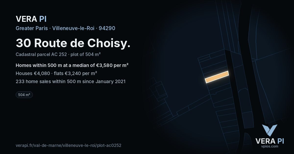 30 Route de Choisy, Villeneuve-le-Roi at night – the plot lit, the parcels around coloured by the prices near them