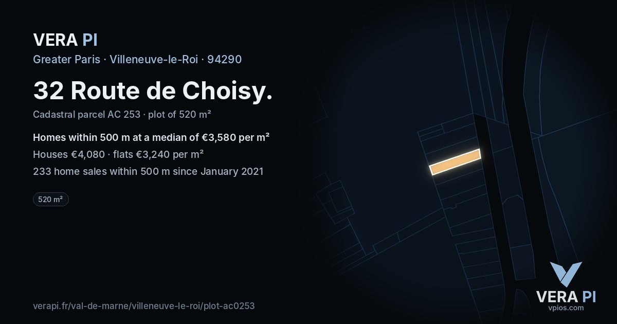 32 Route de Choisy, Villeneuve-le-Roi at night – the plot lit, the parcels around coloured by the prices near them