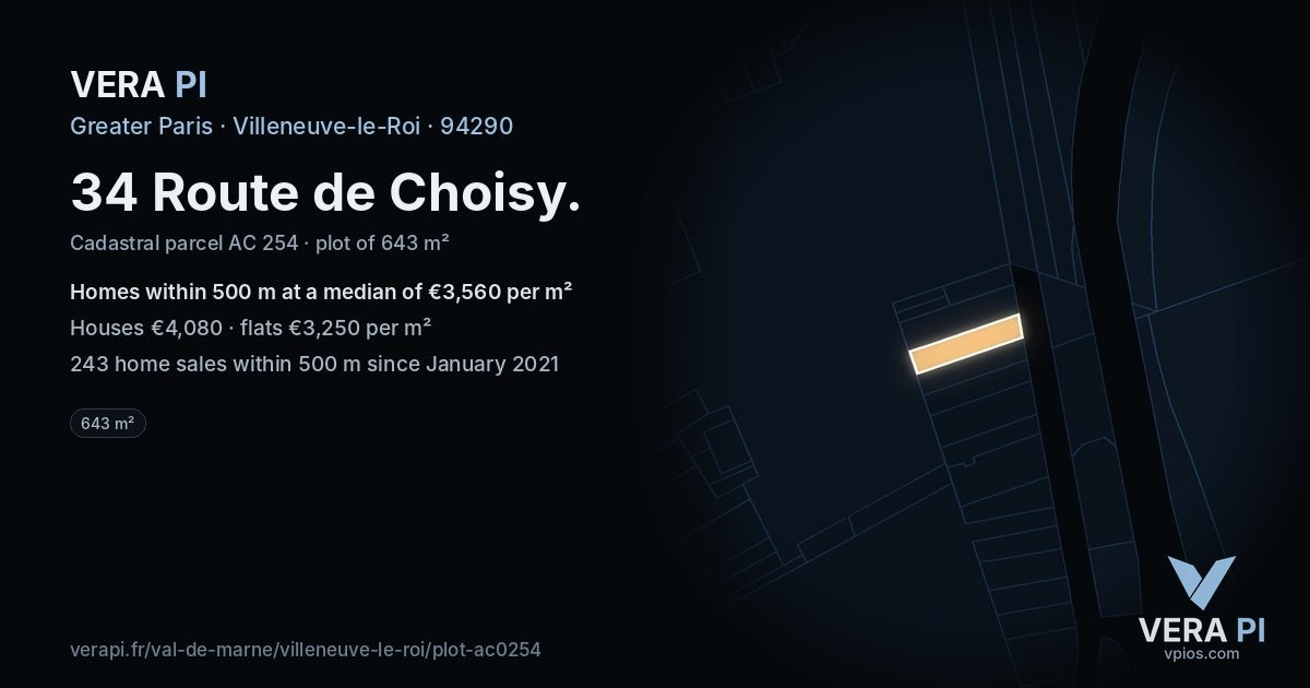 34 Route de Choisy, Villeneuve-le-Roi at night – the plot lit, the parcels around coloured by the prices near them