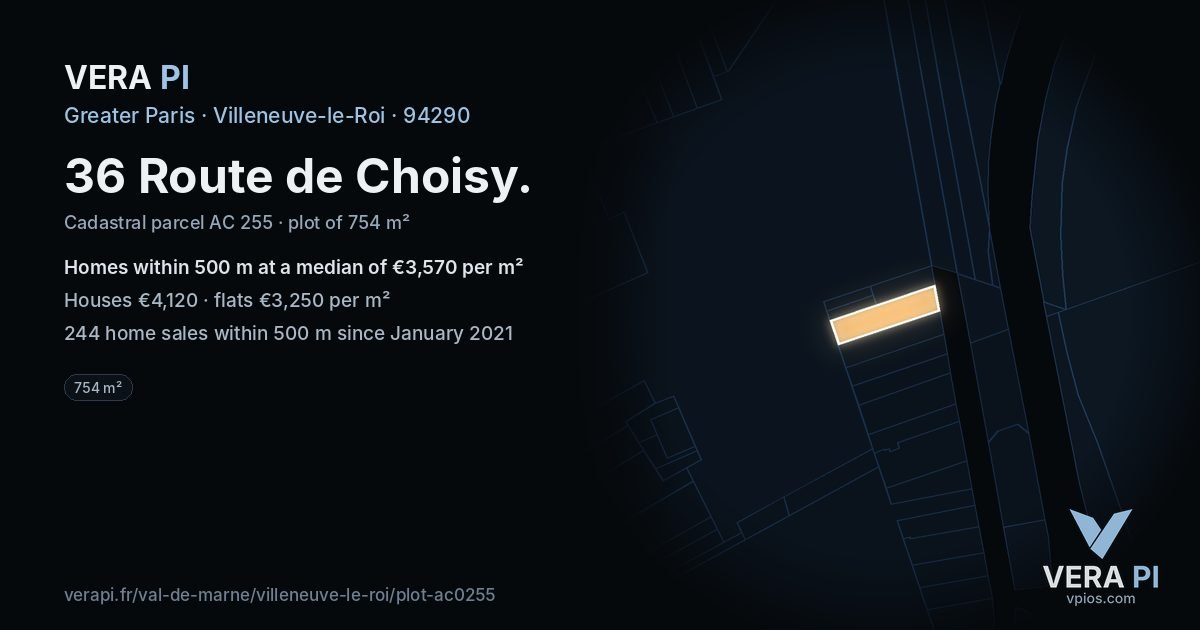 36 Route de Choisy, Villeneuve-le-Roi at night – the plot lit, the parcels around coloured by the prices near them