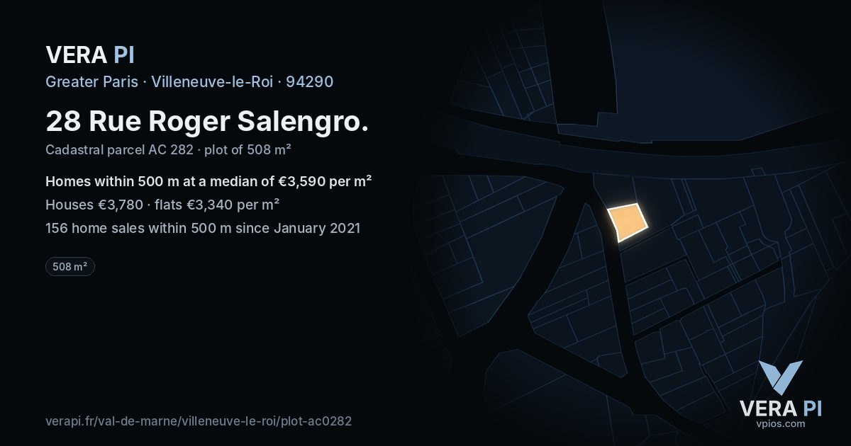 28 Rue Roger Salengro, Villeneuve-le-Roi at night – the plot lit, the parcels around coloured by the prices near them