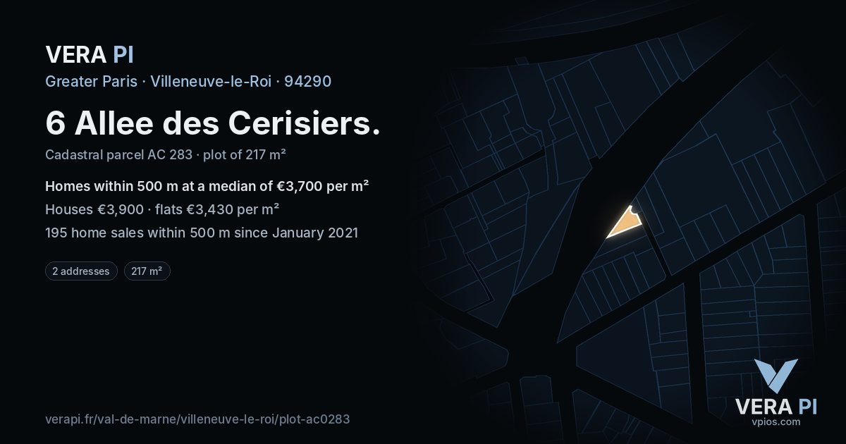 6 Allee des Cerisiers, Villeneuve-le-Roi at night – the plot lit, the parcels around coloured by the prices near them