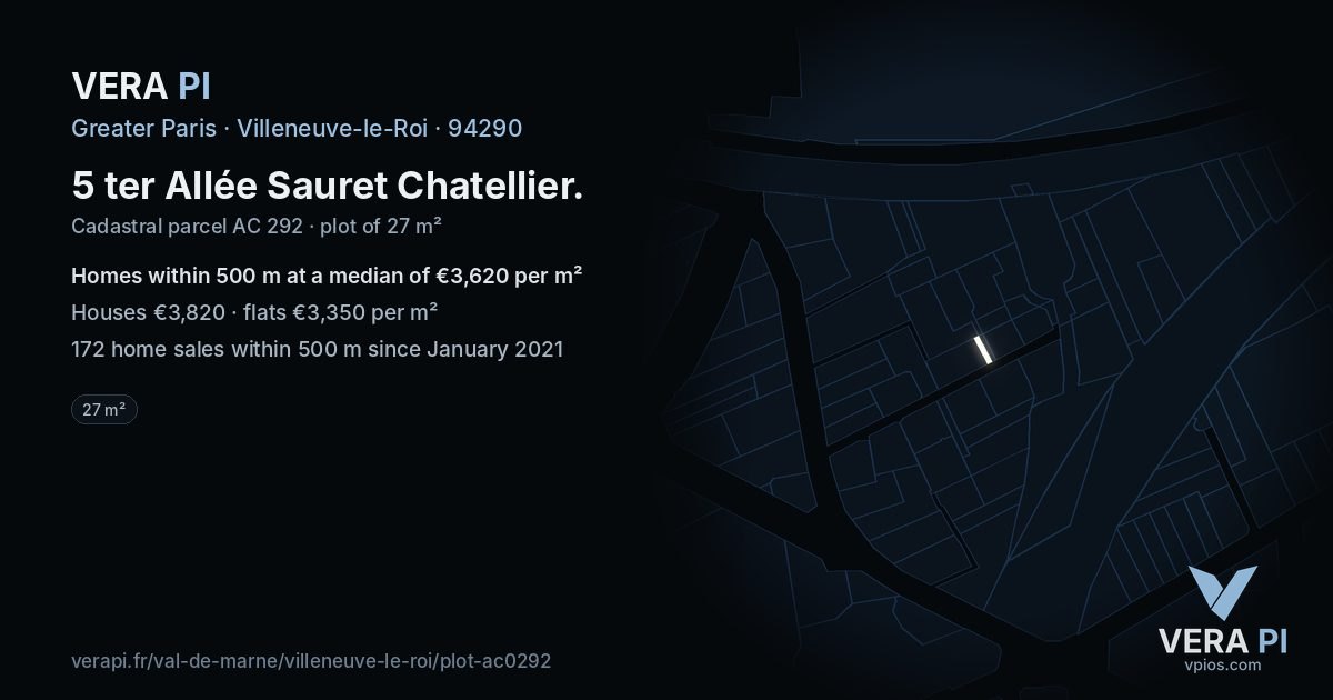 5 ter Allée Sauret Chatellier, Villeneuve-le-Roi at night – the plot lit, the parcels around coloured by the prices near them