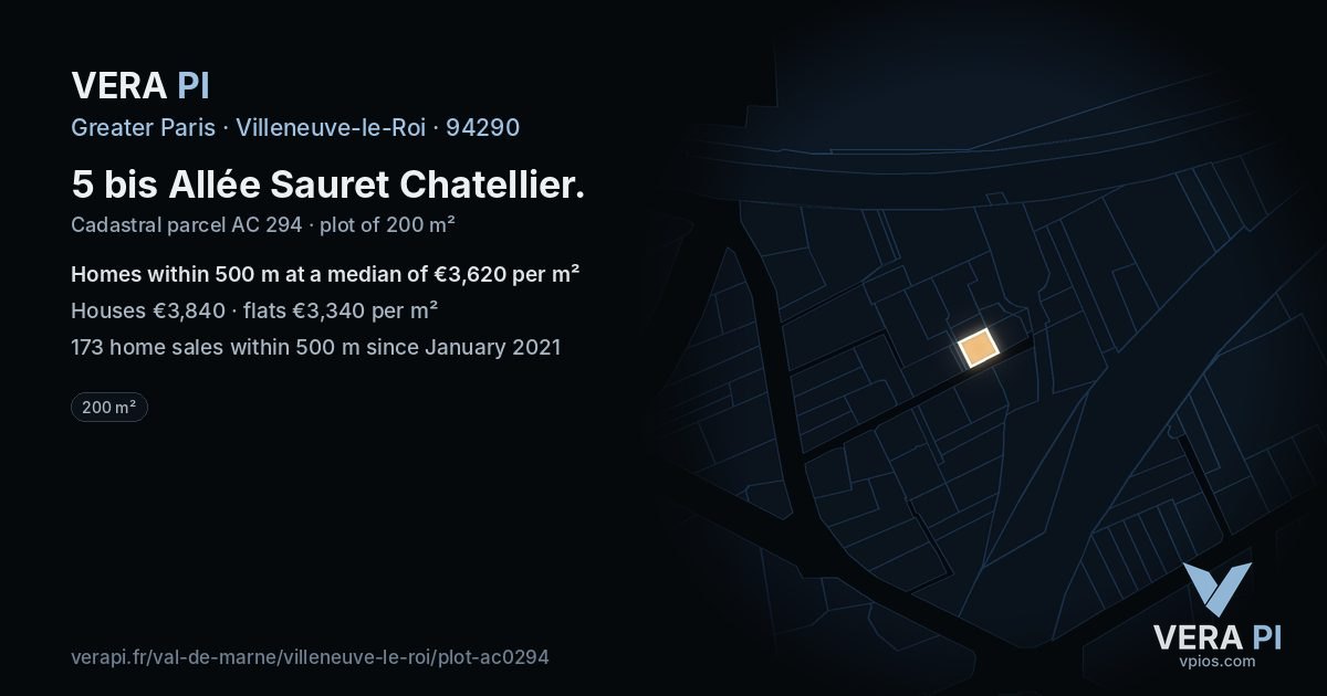 5 bis Allée Sauret Chatellier, Villeneuve-le-Roi at night – the plot lit, the parcels around coloured by the prices near them