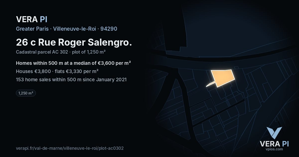 26 c Rue Roger Salengro, Villeneuve-le-Roi at night – the plot lit, the parcels around coloured by the prices near them