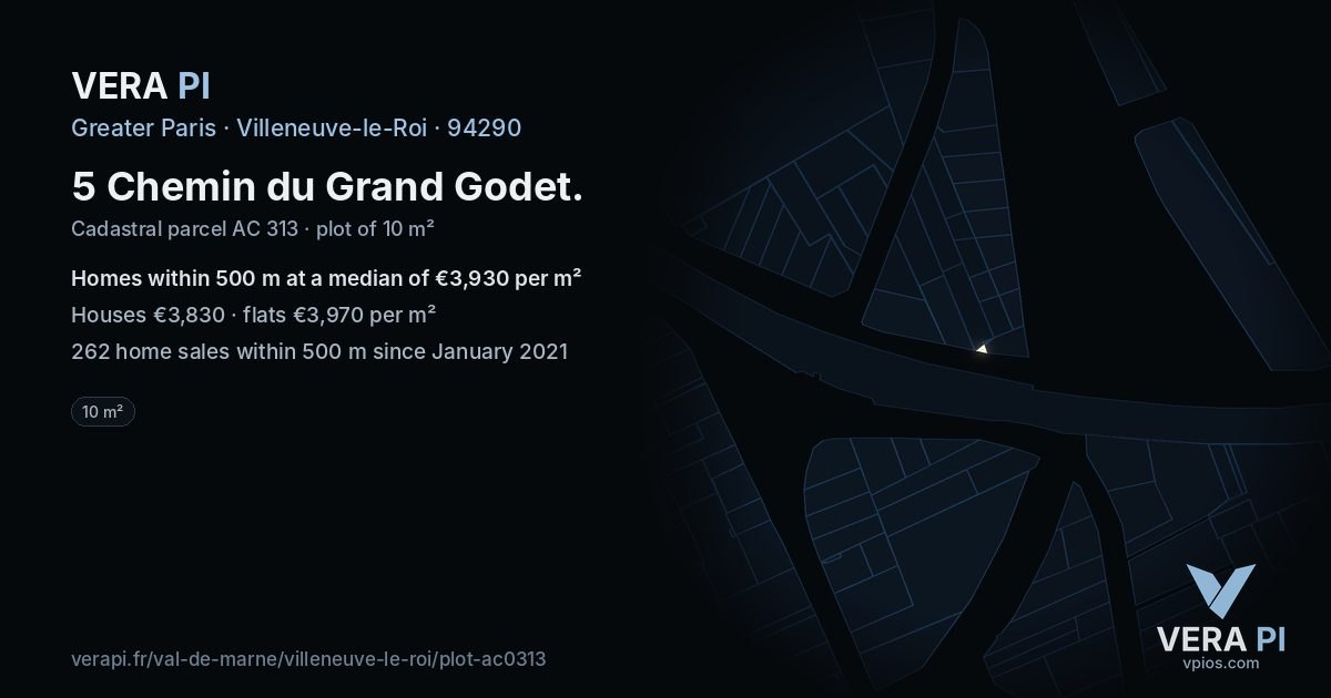 5 Chemin du Grand Godet, Villeneuve-le-Roi at night – the plot lit, the parcels around coloured by the prices near them