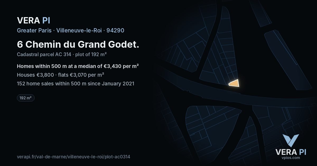 6 Chemin du Grand Godet, Villeneuve-le-Roi at night – the plot lit, the parcels around coloured by the prices near them