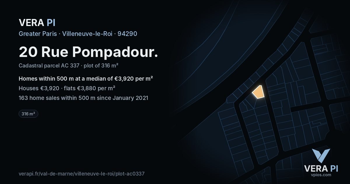 20 Rue Pompadour, Villeneuve-le-Roi at night – the plot lit, the parcels around coloured by the prices near them