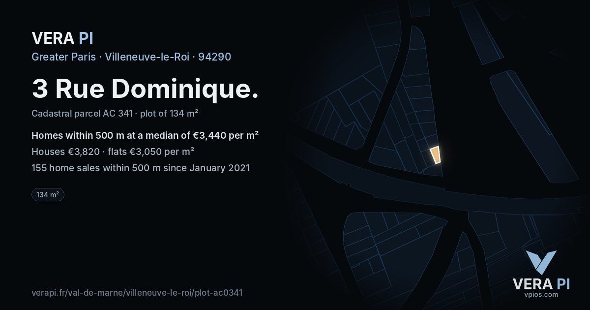 3 Rue Dominique, Villeneuve-le-Roi at night – the plot lit, the parcels around coloured by the prices near them