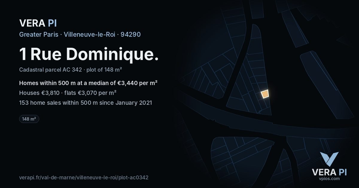 1 Rue Dominique, Villeneuve-le-Roi at night – the plot lit, the parcels around coloured by the prices near them