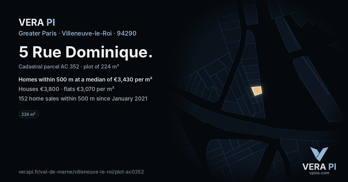5 Rue Dominique, Villeneuve-le-Roi at night – the plot lit, the parcels around coloured by the prices near them