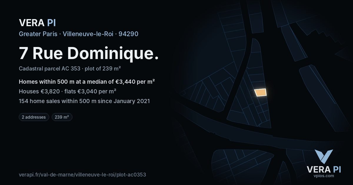 7 Rue Dominique, Villeneuve-le-Roi at night – the plot lit, the parcels around coloured by the prices near them