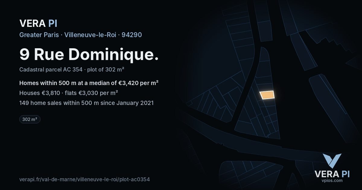 9 Rue Dominique, Villeneuve-le-Roi at night – the plot lit, the parcels around coloured by the prices near them