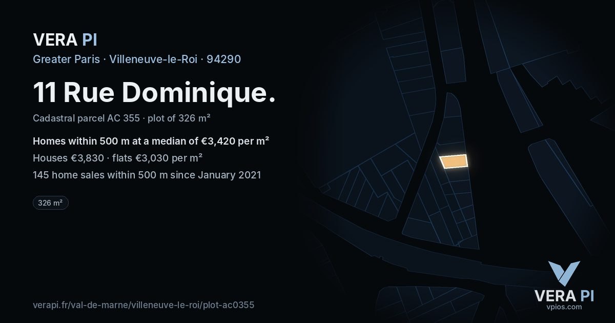 11 Rue Dominique, Villeneuve-le-Roi at night – the plot lit, the parcels around coloured by the prices near them