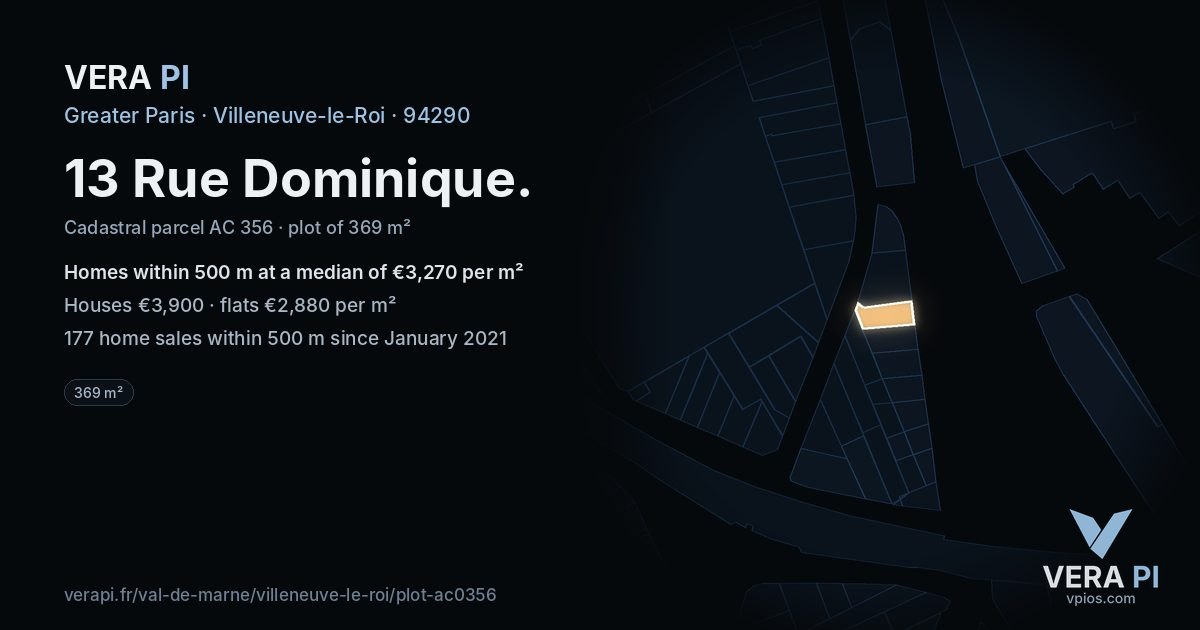 13 Rue Dominique, Villeneuve-le-Roi at night – the plot lit, the parcels around coloured by the prices near them