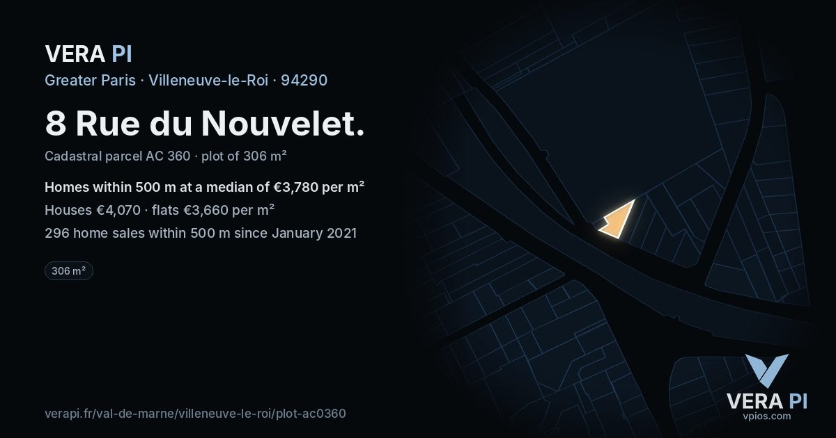8 Rue du Nouvelet, Villeneuve-le-Roi at night – the plot lit, the parcels around coloured by the prices near them