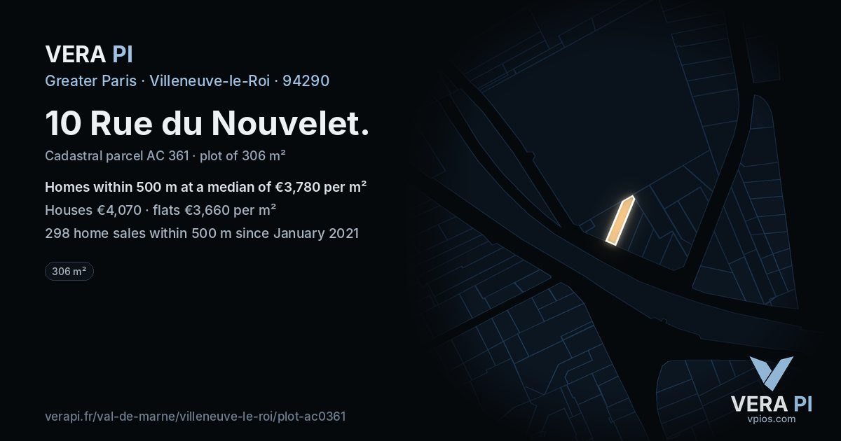 10 Rue du Nouvelet, Villeneuve-le-Roi at night – the plot lit, the parcels around coloured by the prices near them