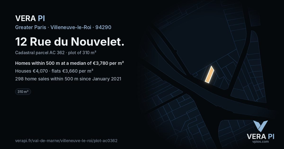 12 Rue du Nouvelet, Villeneuve-le-Roi at night – the plot lit, the parcels around coloured by the prices near them