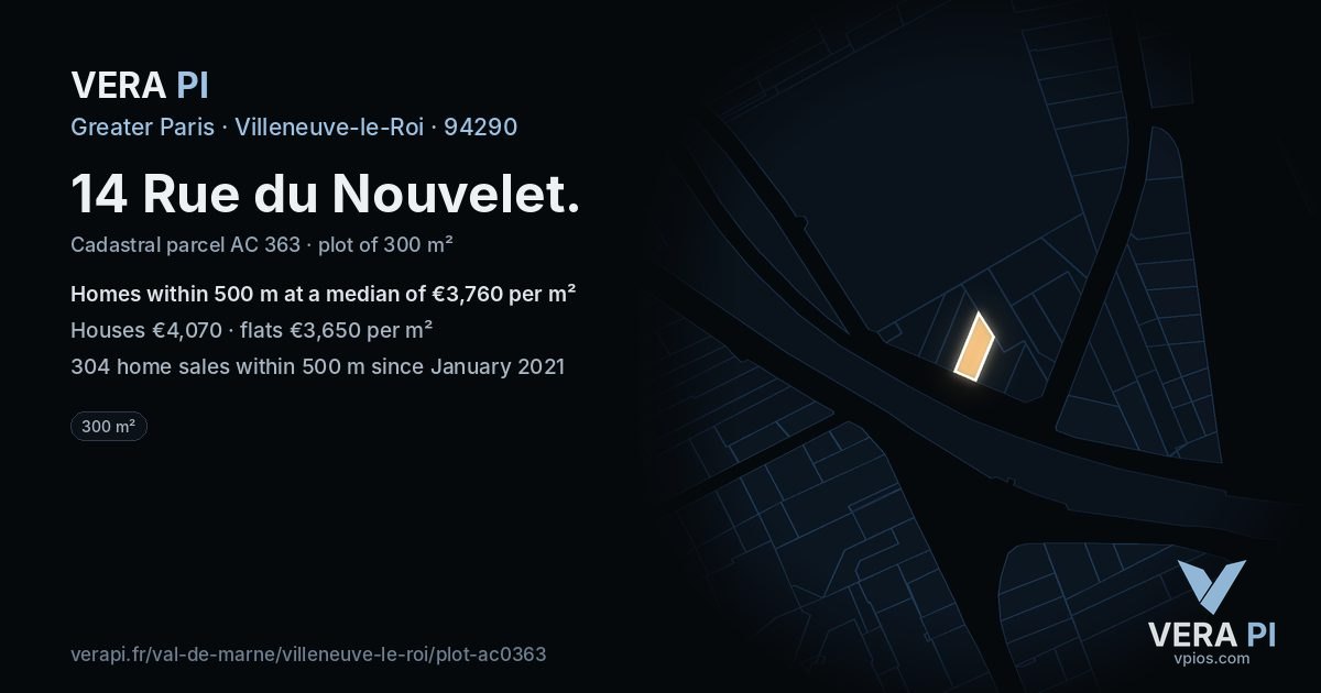 14 Rue du Nouvelet, Villeneuve-le-Roi at night – the plot lit, the parcels around coloured by the prices near them